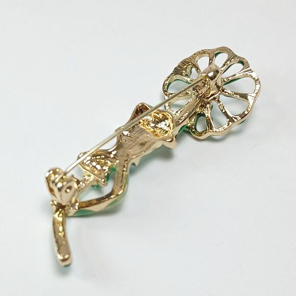 Frog Brooch Pin Bright Green Enamel on Gold Tone Kermit & Lily Pad wRhinestones - Picture 6 of 10
